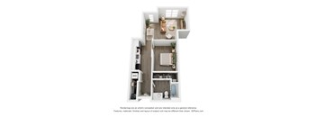 A 3D floor plan of a small apartment with a kitchen, living room, and bathroom.
