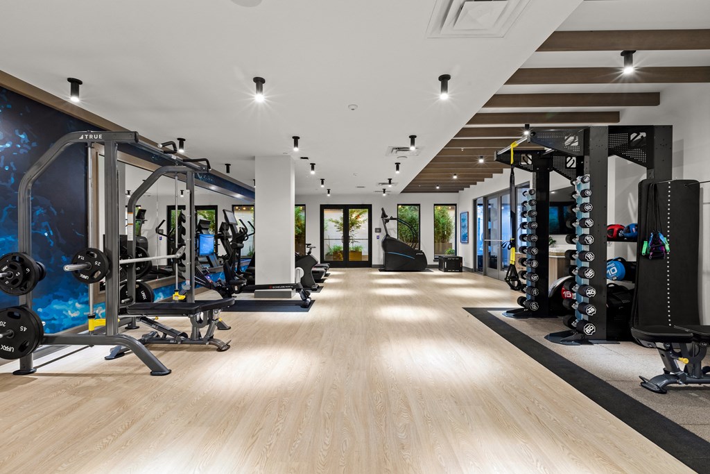 Vela Apartments  spacious fitness center with a large number of exercise equipment and a blue mural on the wall