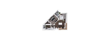 A 3D floor plan of a house with a kitchen, living room, and two bedrooms.