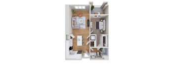 A floor plan of a small apartment with a kitchen, living room, and bedroom.