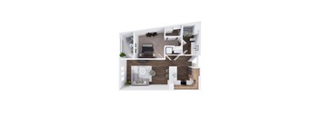 A top-down view of a modern living room and kitchen area.