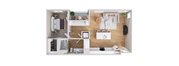 A top-down view of a modern apartment layout.