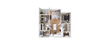 A top-down view of a small apartment with a kitchen, living room, and bedroom.