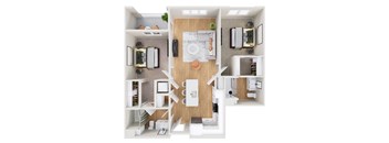 A top-down view of a modern apartment layout with a kitchen, living room, and bedroom.