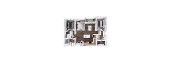 A top-down view of a small apartment with a kitchen, living room, and bathroom.