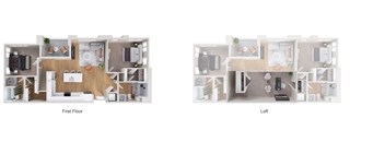Two images of a house layout, one showing the first floor and the other showing the loft.