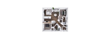 A top-down view of a small apartment with a kitchen, living room, and bedroom.