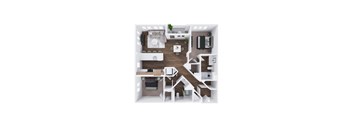A top-down view of a small apartment with a kitchen, living room, and bedroom.