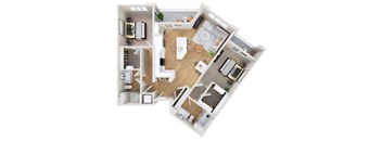 A top-down view of a house layout with a kitchen, living room, and bedrooms.