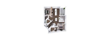A 3D floor plan of a house with a kitchen, living room, and two bedrooms.