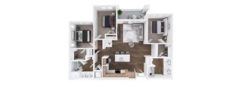 A top-down view of a modern apartment layout with a kitchen, living room, and bedrooms.