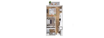 A top-down view of a small apartment with a kitchen, living room, and bathroom.
