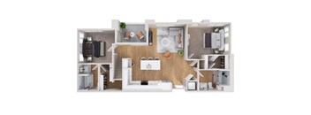 A 3D floor plan of a house with a kitchen, living room, and bedrooms.