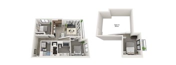 A diagram of a house layout with two rooms on the left and one on the right.