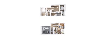 A floor plan of a two-story house with a garage.