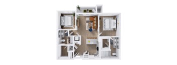 A white and wood floor plan of a small apartment with a kitchen, living room, and bathroom.