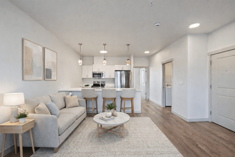 A living room with a grey couch, a white coffee table, and a dining table with chairs.