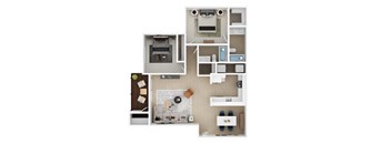 A top-down view of a small apartment layout with a kitchen, living room, and bedroom.