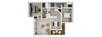 A top-down view of a house layout with a kitchen, living room, dining area, and bedrooms.