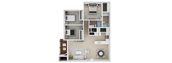 A 3D floor plan of a house with a kitchen, living room, and bathroom.
