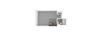 A white room with a bed and a desk.