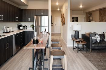 kitchen and living room at azure on the park, atlanta, ga