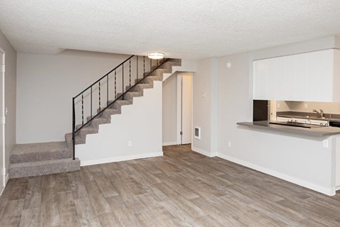 Somerset Terrace Living Room and View into Kitchen
