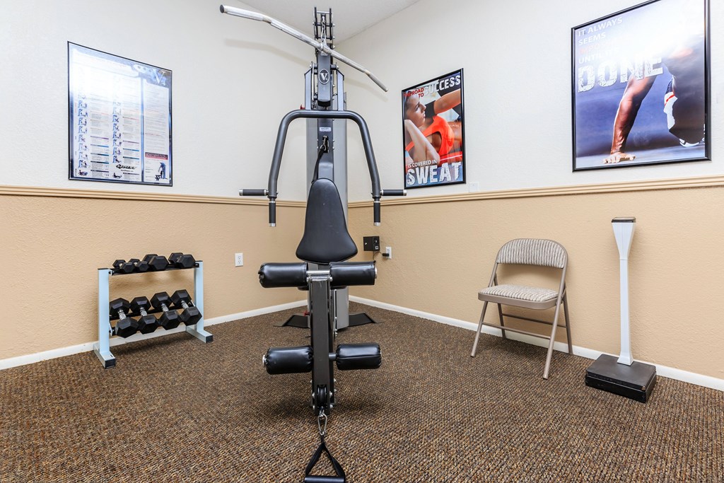 A gym room with a weight bench, dumbbells, and a chair.