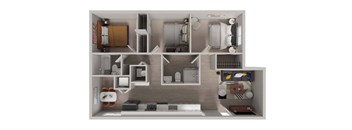A 3D floor plan of a small apartment with a kitchen, living room, and bathroom.