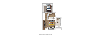 A floor plan of a house with a bedroom, living room, kitchen, and bathroom.
