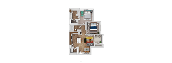 A 3D floor plan of a small apartment with a kitchen, living room, and bedroom.