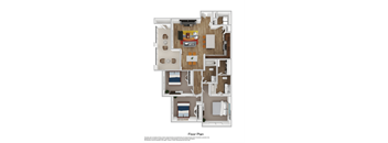 A floor plan of a house with a living room, dining room, kitchen, and two bedrooms.