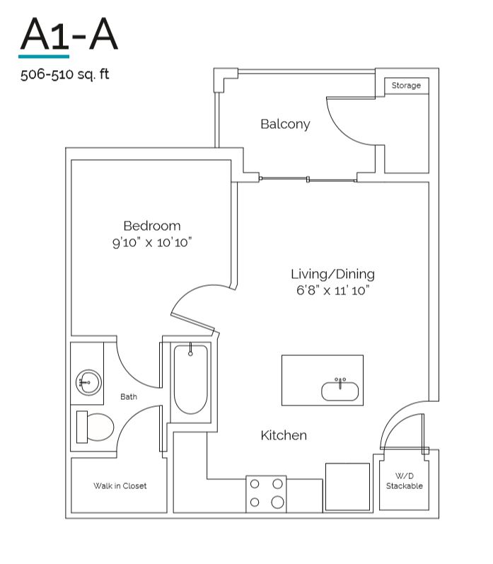 A floor plan of a one bedroom apartment with a living room, kitchen, bathroom, and balcony.