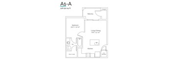 A floor plan of a one bedroom apartment with a living room, kitchen, bathroom, and balcony.