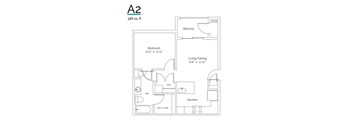 A floor plan of a 586 square foot apartment with a bedroom, living/dining area, kitchen, bath, and storage.
