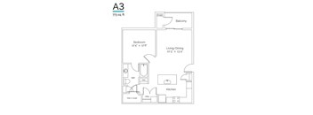 A drawing of a floor plan for a 773 square foot apartment.