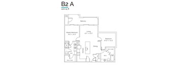 A floor plan of a 1100 square foot home with a balcony, two bathrooms, a kitchen, and two bedrooms.