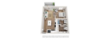A floor plan of a small apartment with a kitchen, living room, and bathroom.