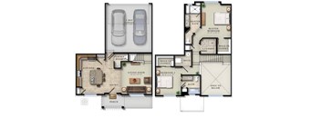 A floor plan of a house with two master bedrooms, a living room, kitchen, and laundry area.