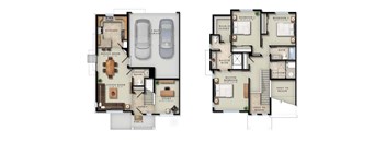 A floor plan of a two-story house with a garage and a study.