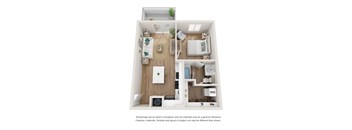 A white and wood floor plan of a small apartment with a kitchen, living room, and bathroom.