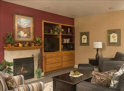 a living room with couches and a fireplace