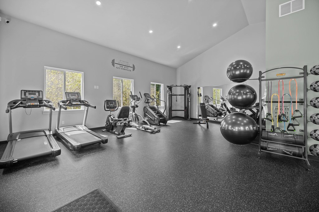 A spacious gym with treadmills, exercise balls, and other equipment.