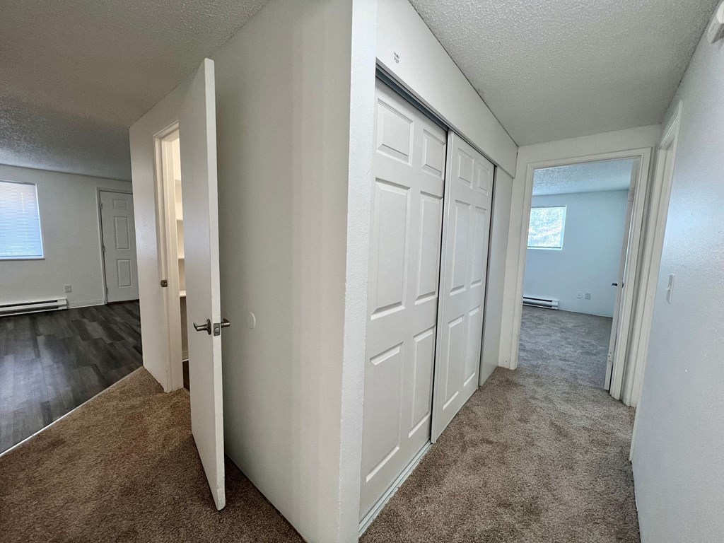 an empty bedroom with white closets and a carpeted floor