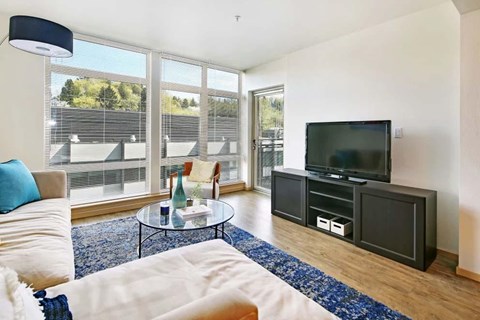 A living room with a white couch and a black television.
