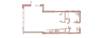 A red line drawing of a house with a kitchen and living room.