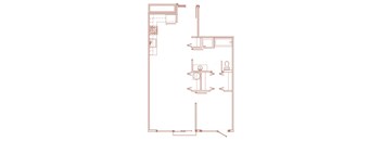 A red line drawing of a floor plan of a room.