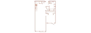 A red line drawing of a floor plan of a room.