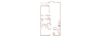 A red line drawing of a house floor plan.