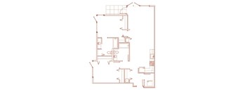 A red line drawing of a floor plan of a house.